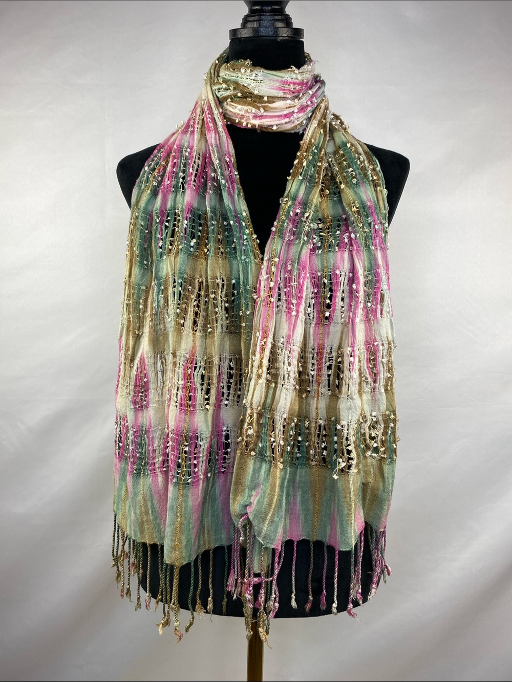 Asha Handicrafts Boho Open Weave Scarf Pink Green Gold Fringe 74”X 16”